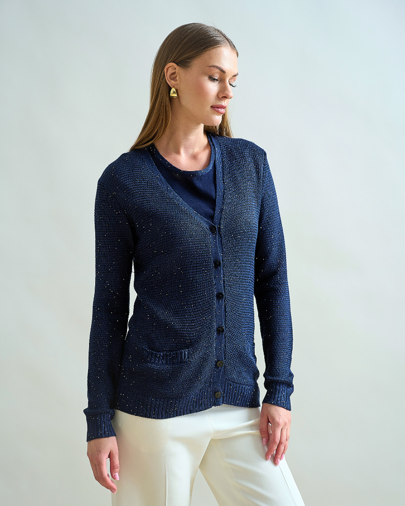 V NECK CARDIGAN: BLACK AND NAVY