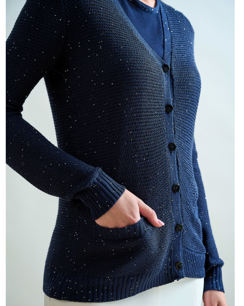 V NECK CARDIGAN: BLACK AND NAVY