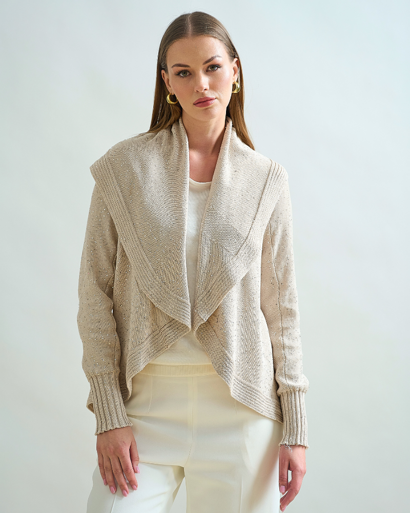 SHAWL NECK SWEATER WITH SEQUINS: SAND