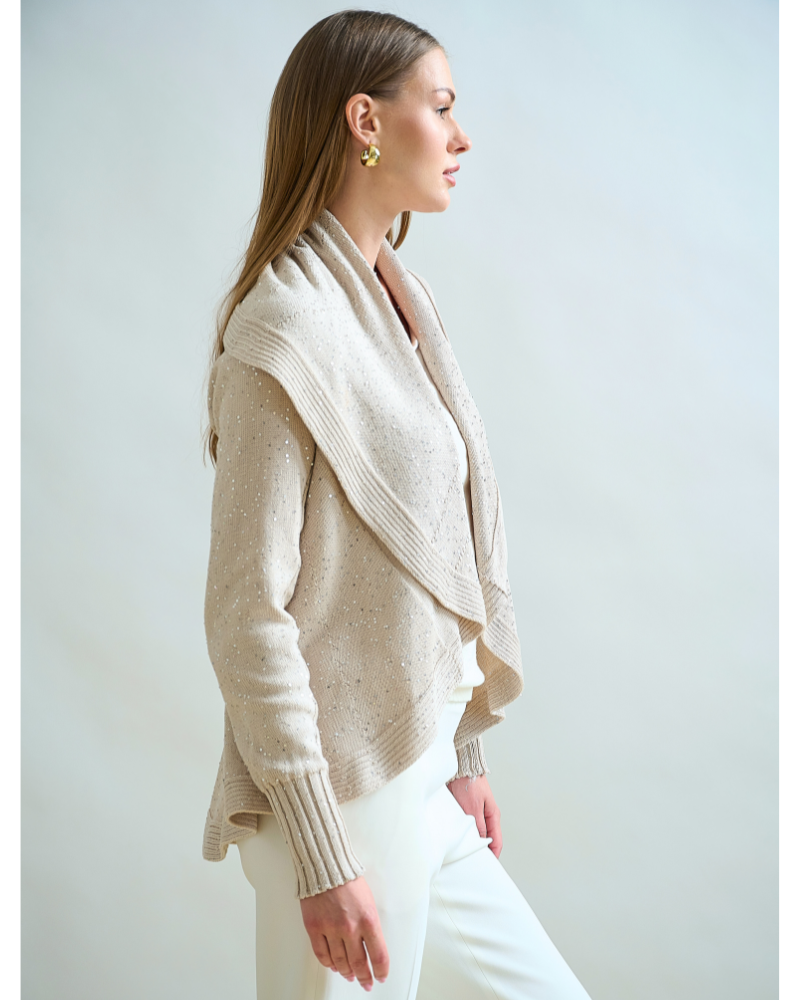 SHAWL NECK SWEATER WITH SEQUINS: SAND