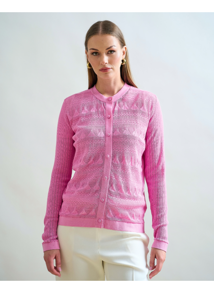 LACE TRIM CREWNECK CARDIGAN: PINK