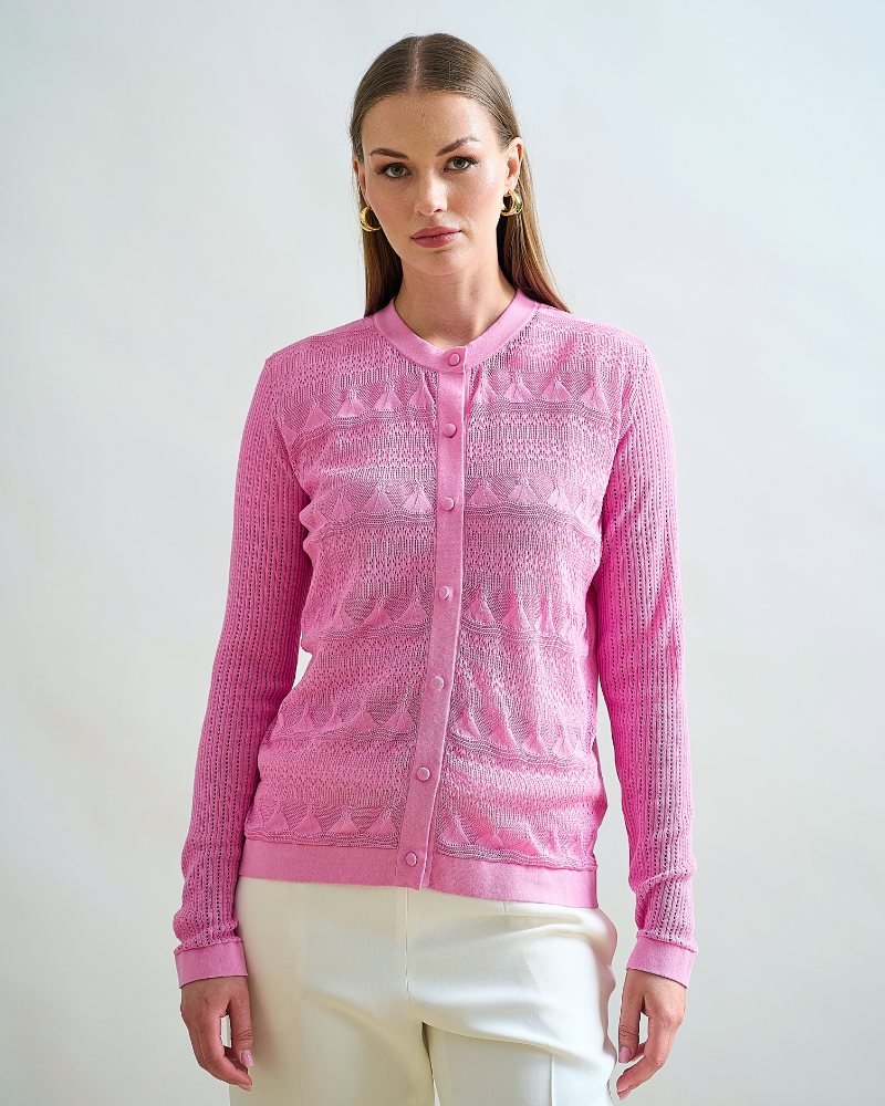 LACE TRIM CREWNECK CARDIGAN: PINK