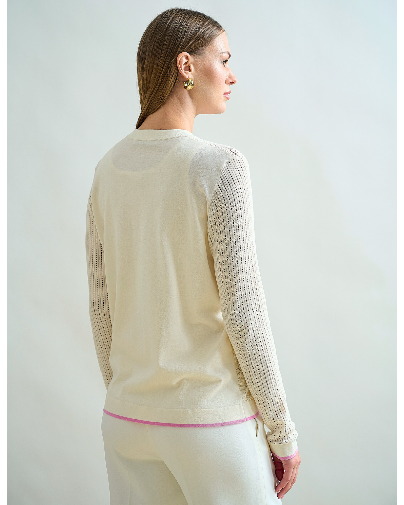 LACE TRIM CREWNECK CARDIGAN: IVORY WITH PINK CUFF DETAIL