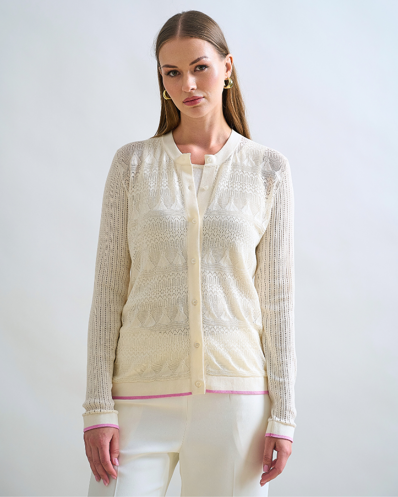 LACE TRIM CREWNECK CARDIGAN: IVORY WITH PINK CUFF DETAIL