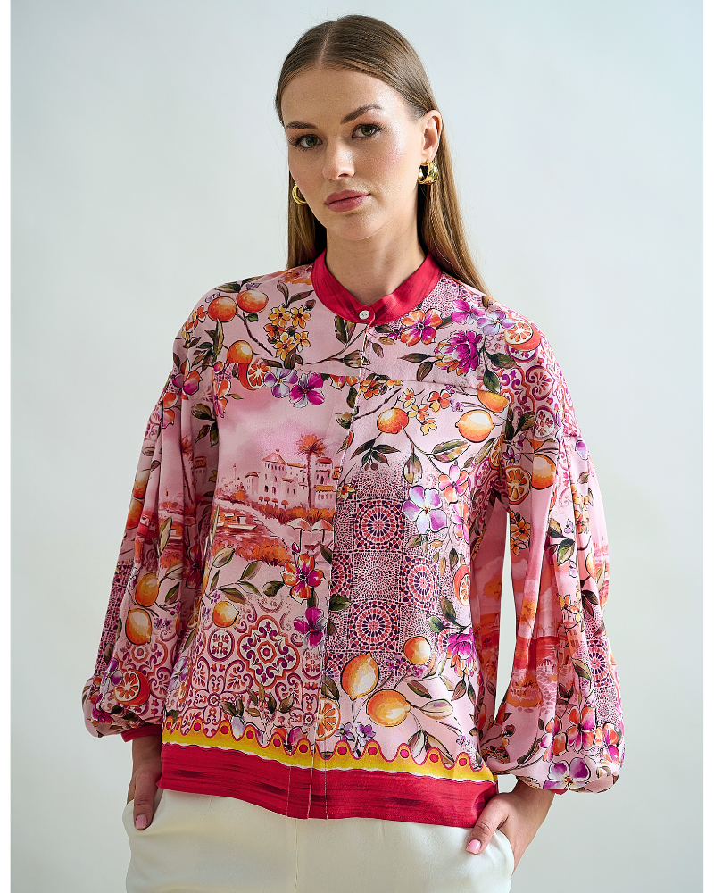 BALLOON SLEEVE SILK SHIRT: CAPRI PRINTED: PINK