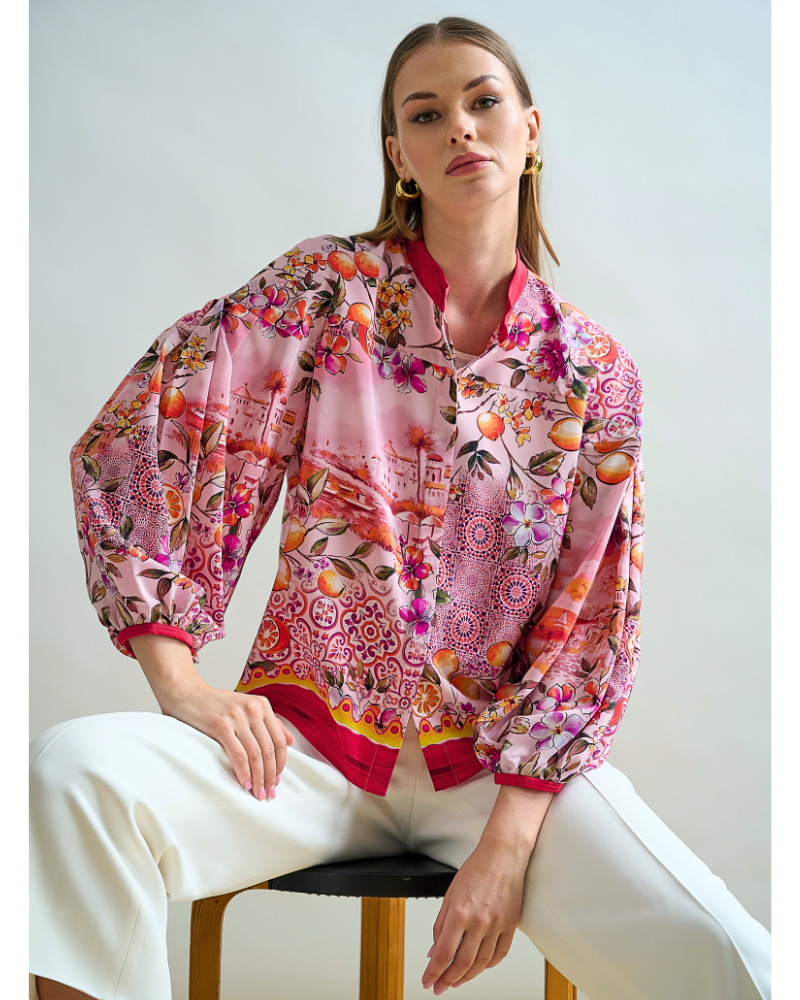 BALLOON SLEEVE SILK SHIRT: CAPRI PRINTED: PINK