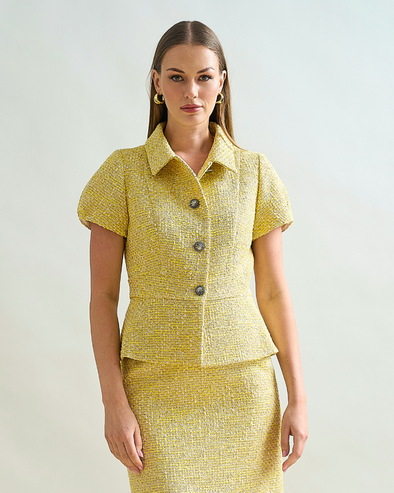TAILORED SHORT-SLEEVE JACKET: YELLOW TWEED