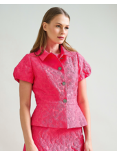 TAILORED SHORT-SLEEVE JACKET: MATELASSÉ: FUSCHIA PINK