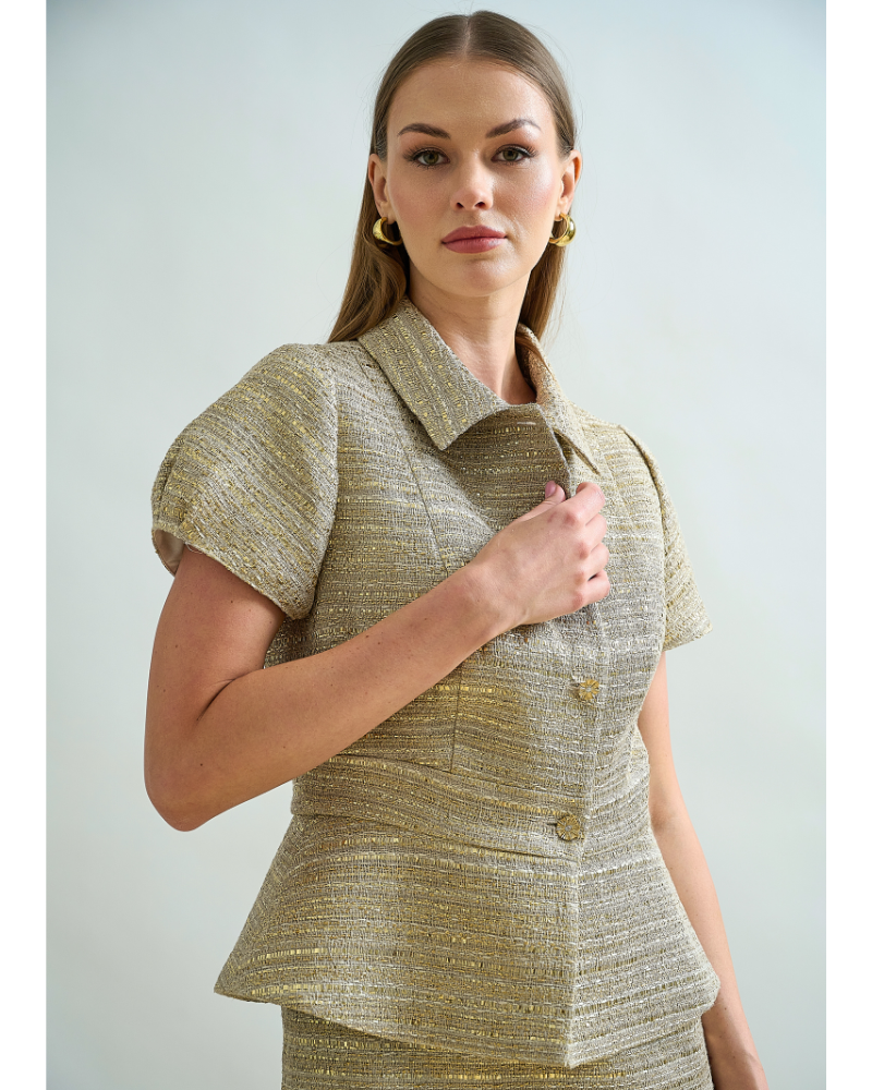 TAILORED SHORT-SLEEVE JACKET: GOLD LINEN