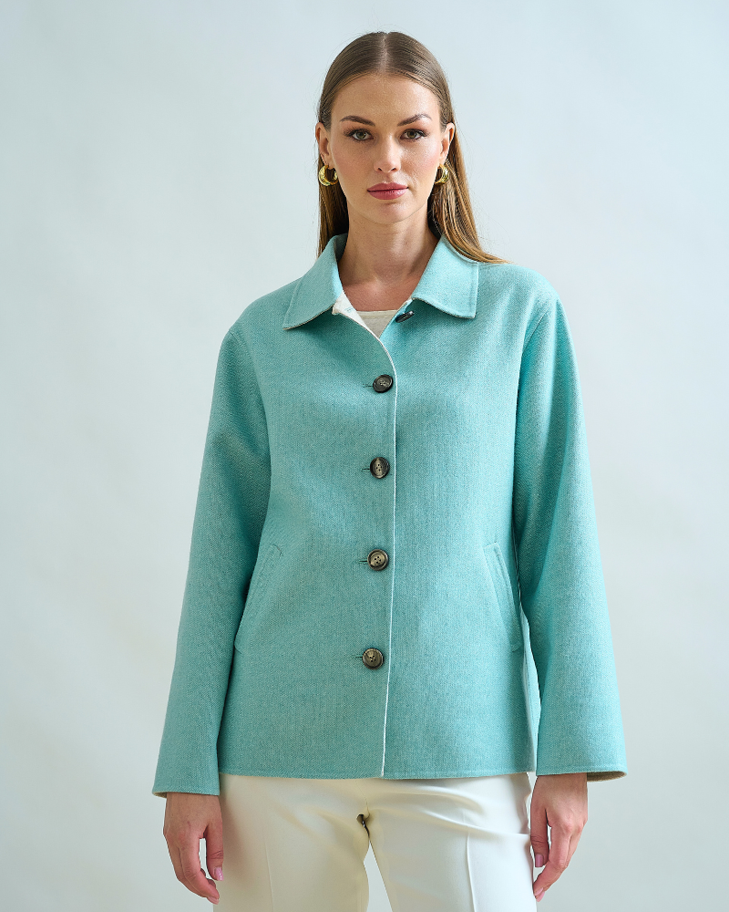 DOUBLE-FACE CASHMERE SHIRT JACKET: TURQUOISE-IVORY
