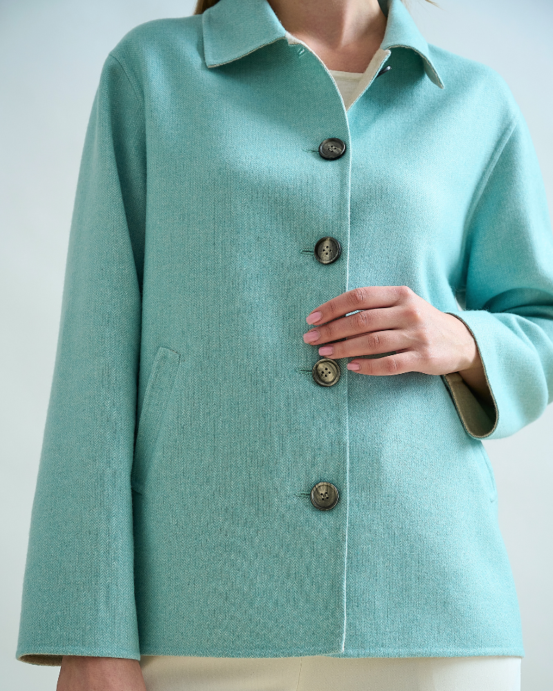 DOUBLE-FACE CASHMERE SHIRT JACKET: TURQUOISE-IVORY