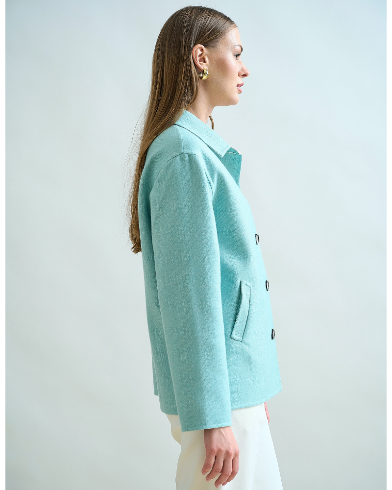 DOUBLE-FACE CASHMERE SHIRT JACKET: TURQUOISE-IVORY