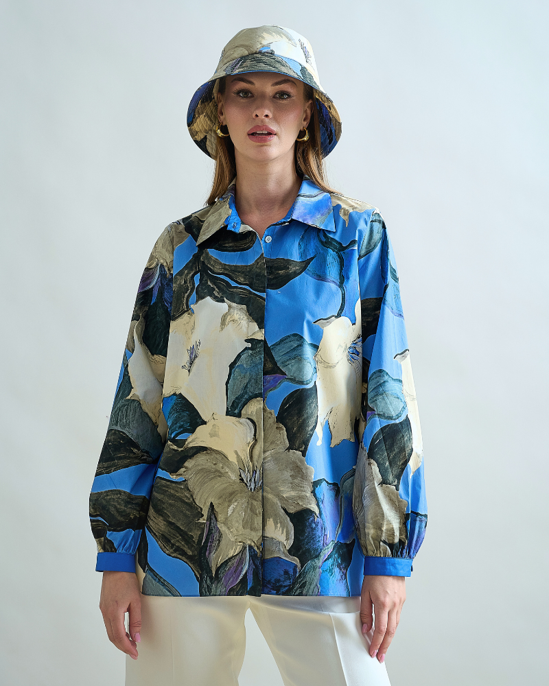 CLASSIC COTTON SHIRT WIDER SLEEVE: BERGAMO PRINT: BLUE