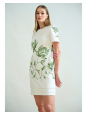 COTTON SHORT SHIFT DRESS: IVORY: GREEN EMBROIDED FLOWERS