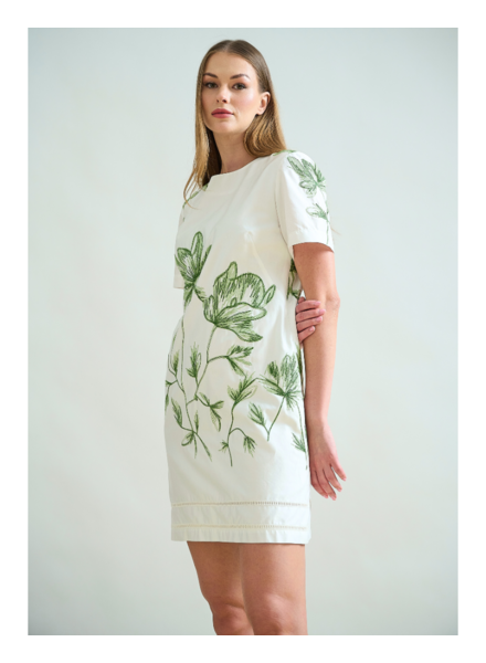 COTTON SHORT SHIFT DRESS: IVORY: GREEN EMBROIDED FLOWERS