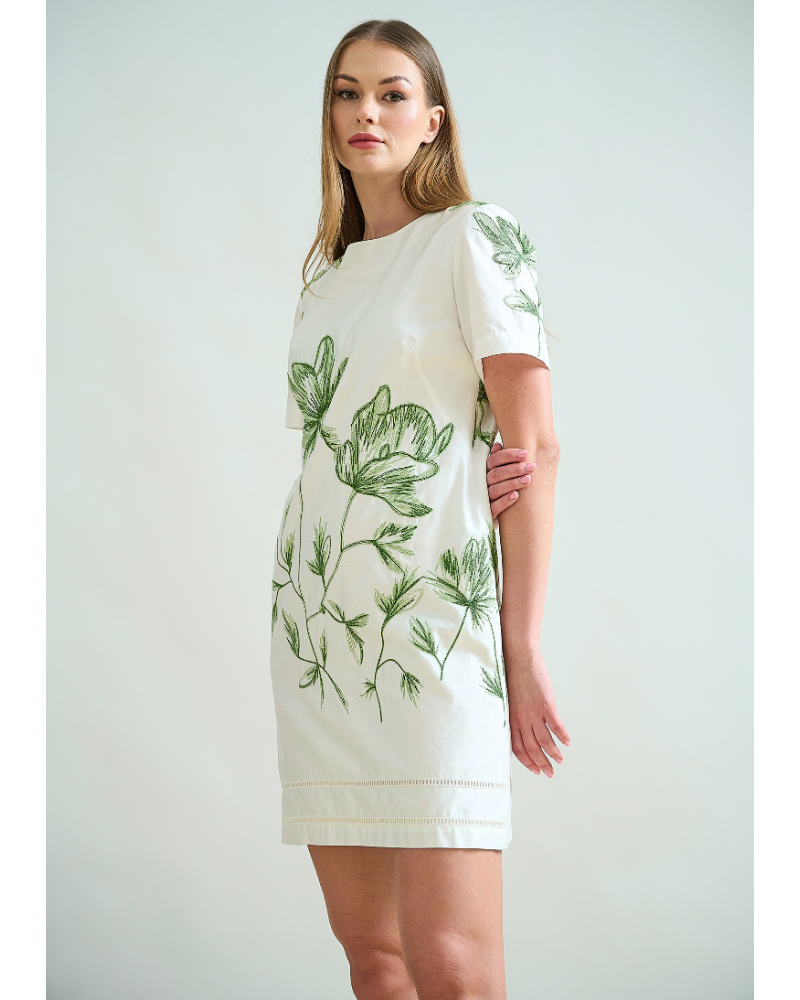 COTTON SHORT SHIFT DRESS: IVORY: GREEN EMBROIDED FLOWERS