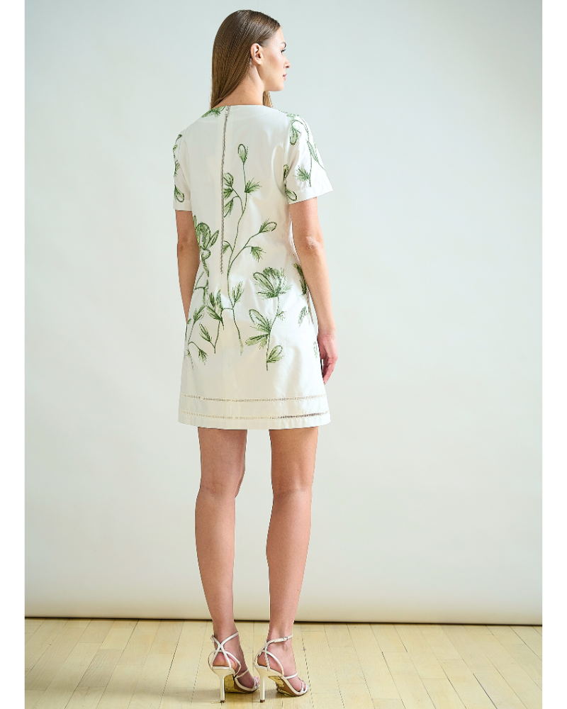 COTTON SHORT SHIFT DRESS: IVORY: GREEN EMBROIDED FLOWERS