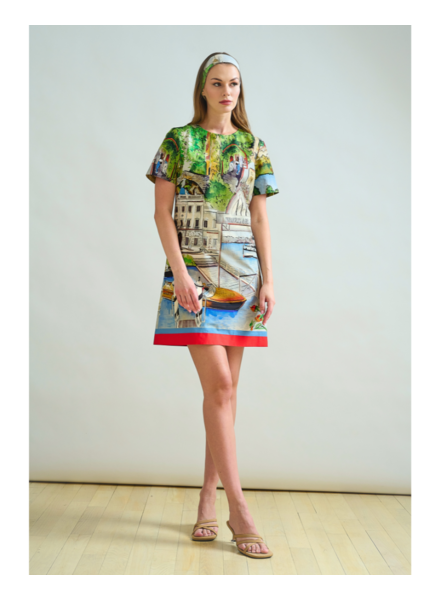 COTTON SHORT SHIFT DRESS: LAKE COMO PRINT