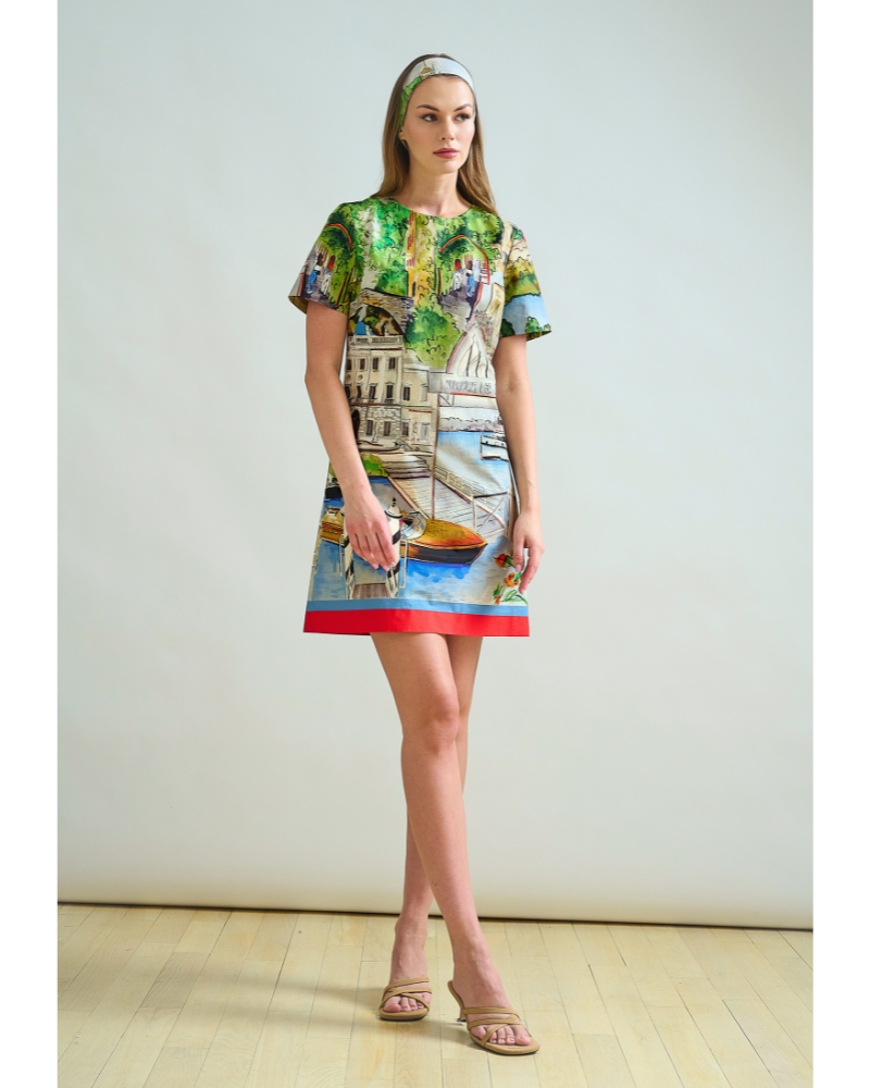 COTTON SHORT SHIFT DRESS: LAKE COMO PRINT