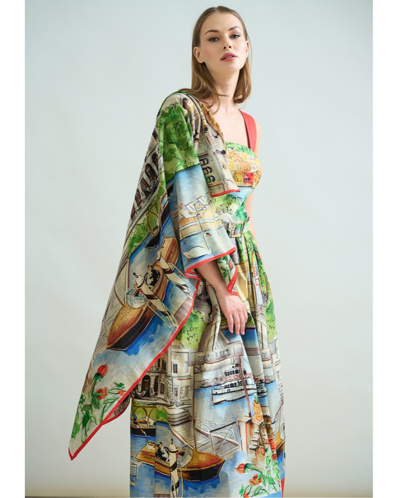 LONG POET COTTON DRESS WITH WAIST AND STRAPS: COMO PRINT
