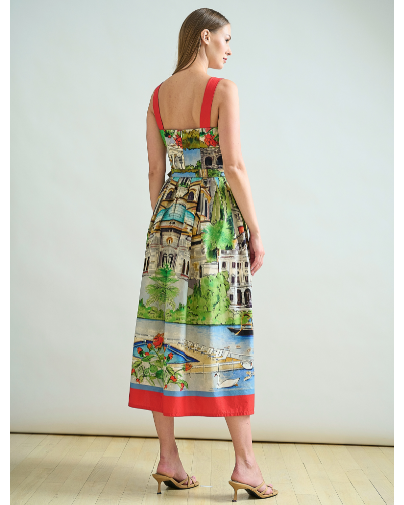 LONG POET COTTON DRESS WITH WAIST AND STRAPS: COMO PRINT