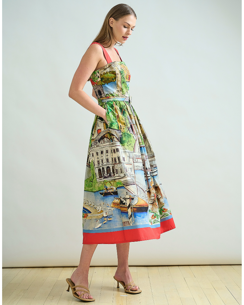 LONG POET COTTON DRESS WITH WAIST AND STRAPS: COMO PRINT