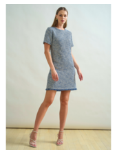 TWEED SHORT SHIFT DRESS: DENIM BLUE
