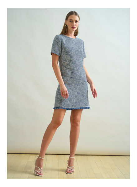 TWEED SHORT SHIFT DRESS: DENIM BLUE