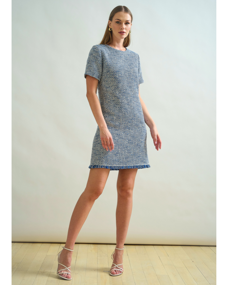 TWEED SHORT SHIFT DRESS: DENIM BLUE