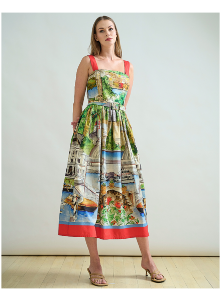 LONG POET COTTON DRESS: LAKE COMO PRINT