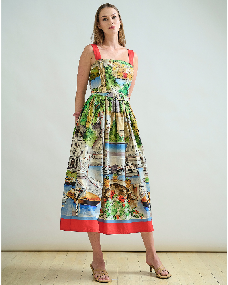 LONG POET COTTON DRESS WITH WAIST AND STRAPS: COMO PRINT