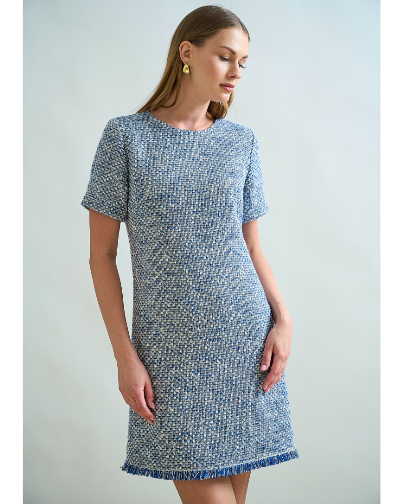 TWEED SHORT SHIFT DRESS: DENIM BLUE