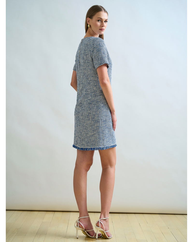 TWEED SHORT SHIFT DRESS: DENIM BLUE