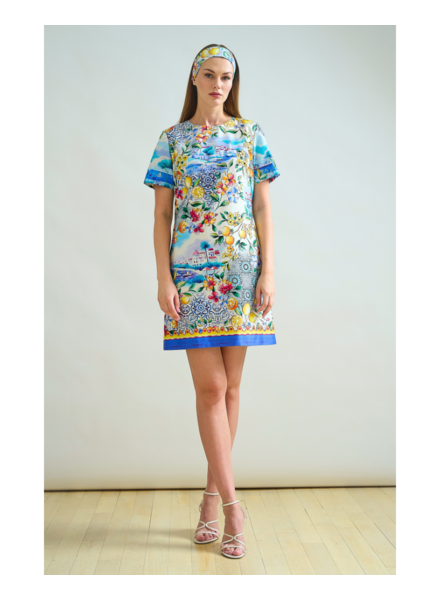 COTTON SHORT SHIFT DRESS: CAPRI PRINT: BLUE