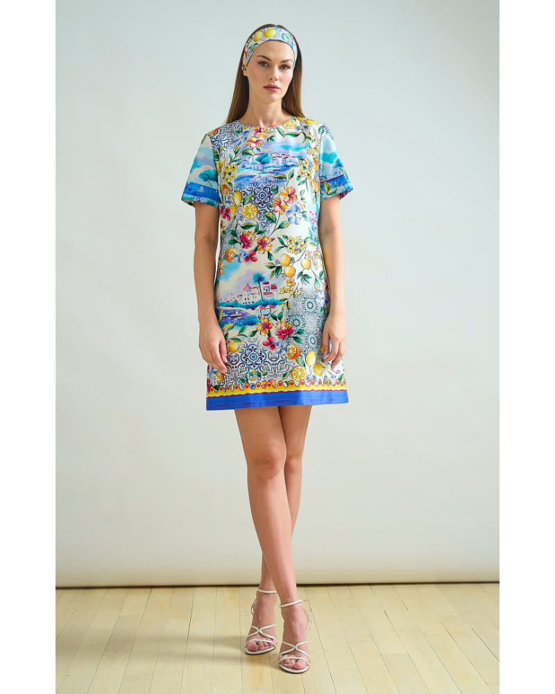 COTTON SHORT SHIFT DRESS: CAPRI PRINT: BLUE