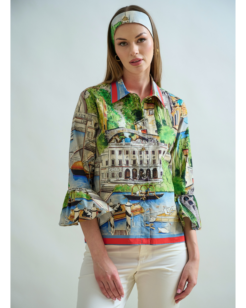 CLASSIC SHIRT WITH RUFFLED SLEEVES: LAKE COMO PRINT