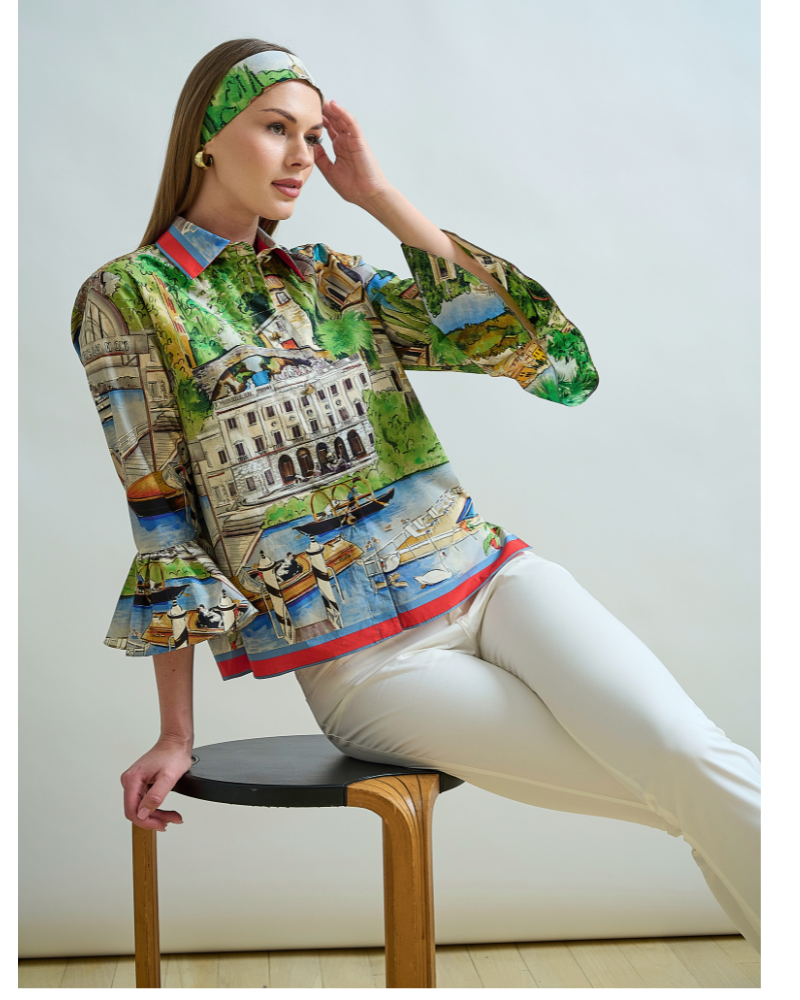 CLASSIC SHIRT WITH RUFFLED SLEEVES: LAKE COMO PRINT