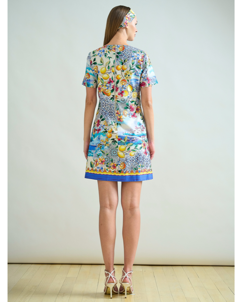 COTTON SHORT SHIFT DRESS: CAPRI PRINT: BLUE