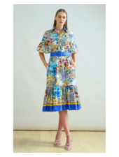 SHIRT DRESS, NO WAIST WITH RUFFLES: PRINTED CAPRI: BLUE