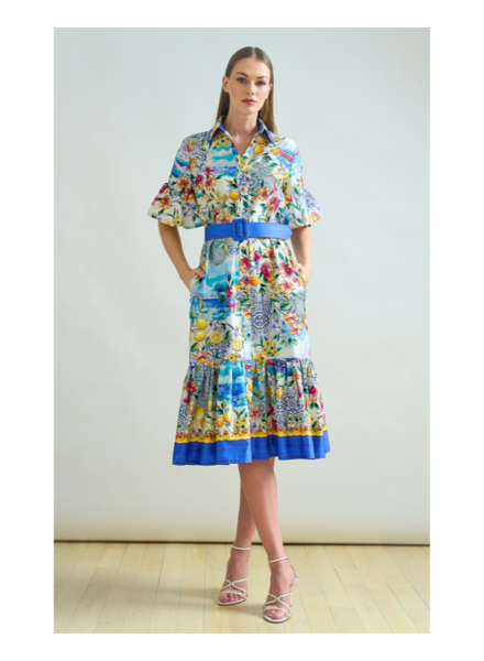 SHIRT DRESS, NO WAIST WITH RUFFLES: PRINTED CAPRI: BLUE