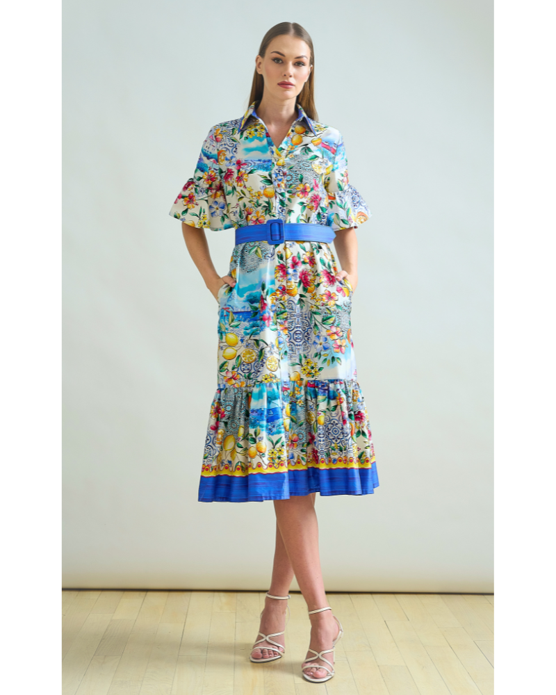 SHIRT DRESS, NO WAIST WITH RUFFLES: PRINTED CAPRI: BLUE