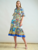 SHIRT DRESS, NO WAIST WITH RUFFLES: PRINTED CAPRI: BLUE