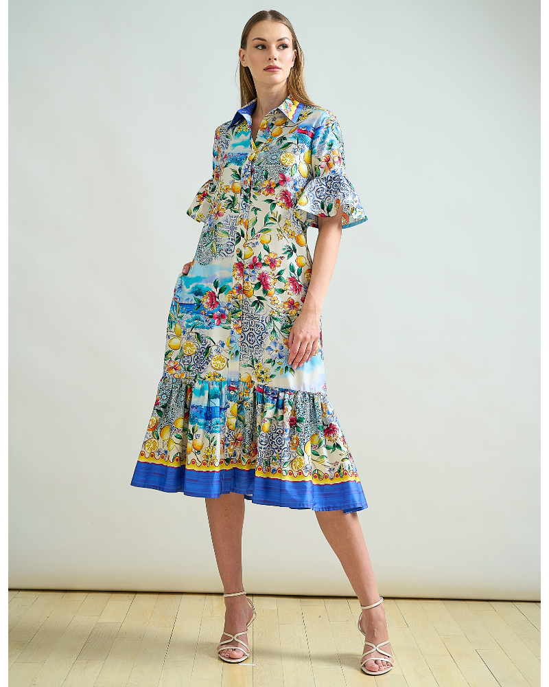 SHIRT DRESS, NO WAIST WITH RUFFLES: PRINTED CAPRI: BLUE
