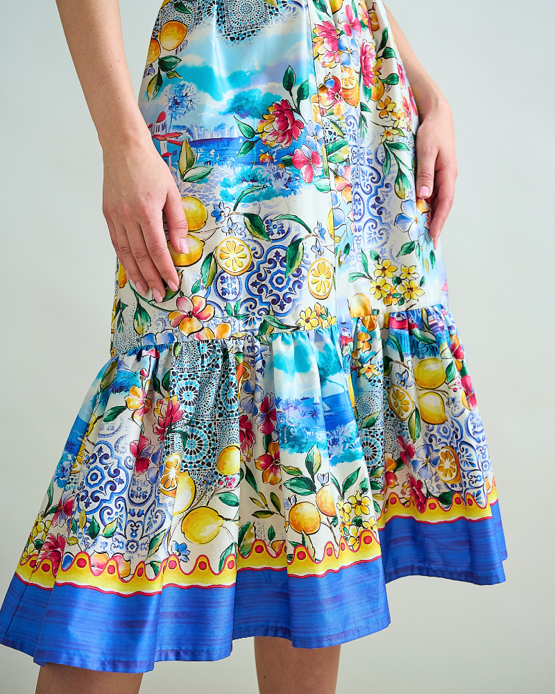 SHIRT DRESS, NO WAIST WITH RUFFLES: PRINTED CAPRI: BLUE