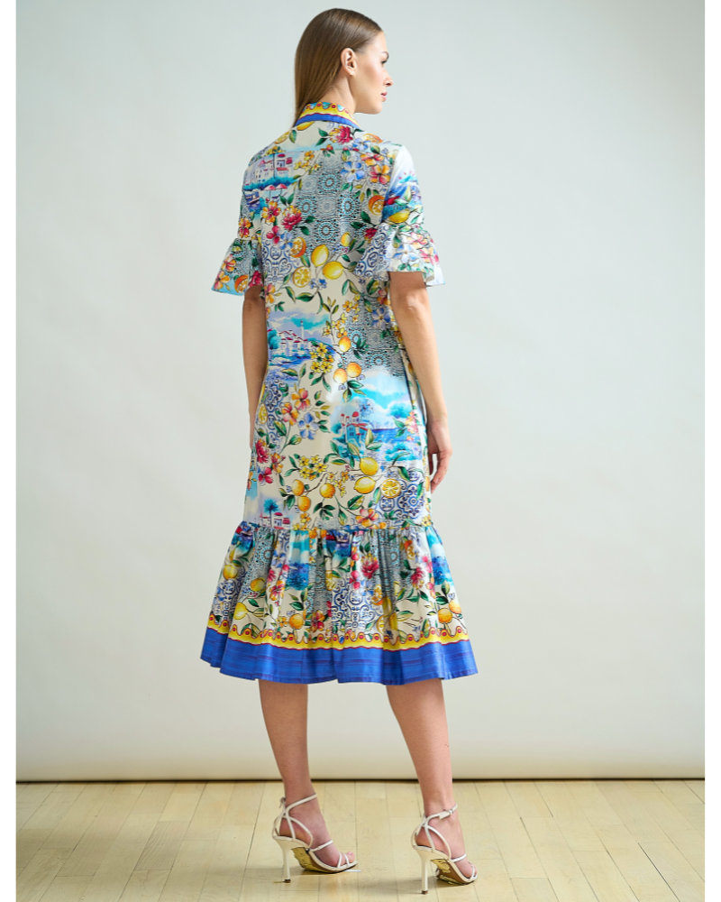 SHIRT DRESS, NO WAIST WITH RUFFLES: PRINTED CAPRI: BLUE