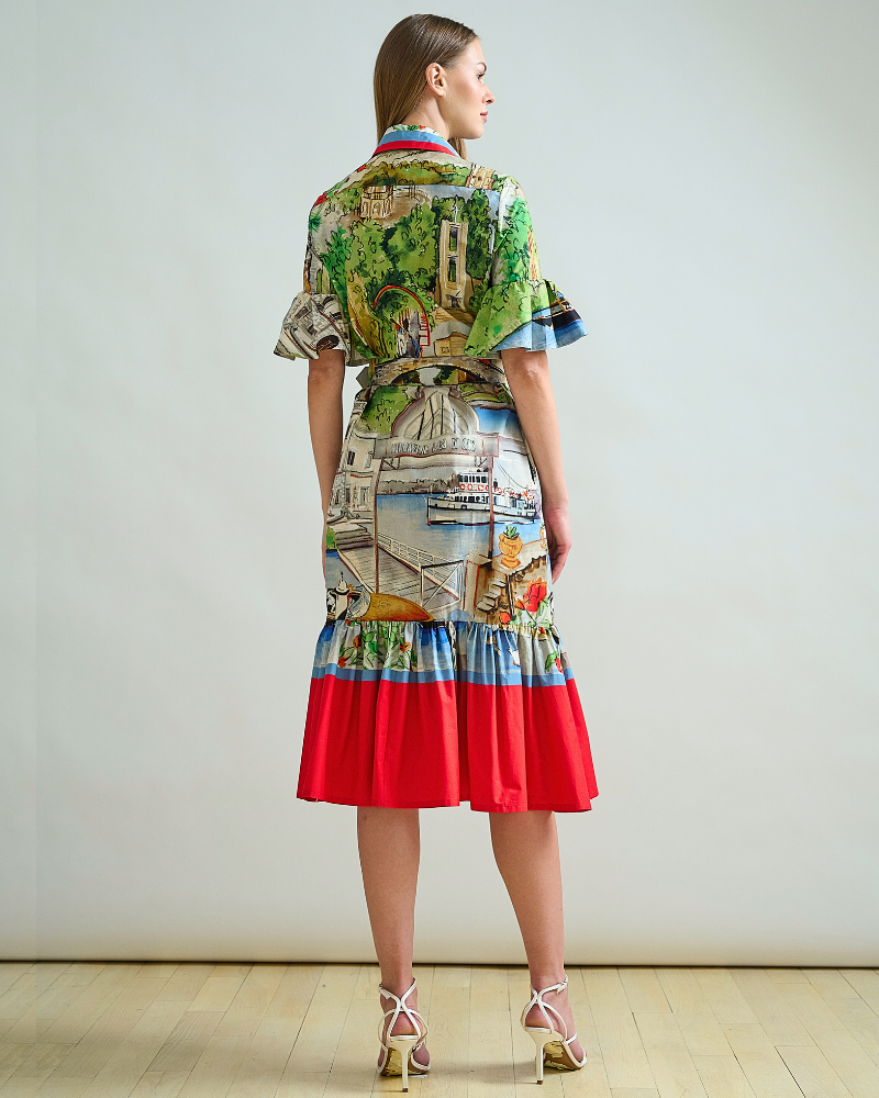 SHIRT DRESS, NO WAIST WITH RUFFLES: PRINTED COMO