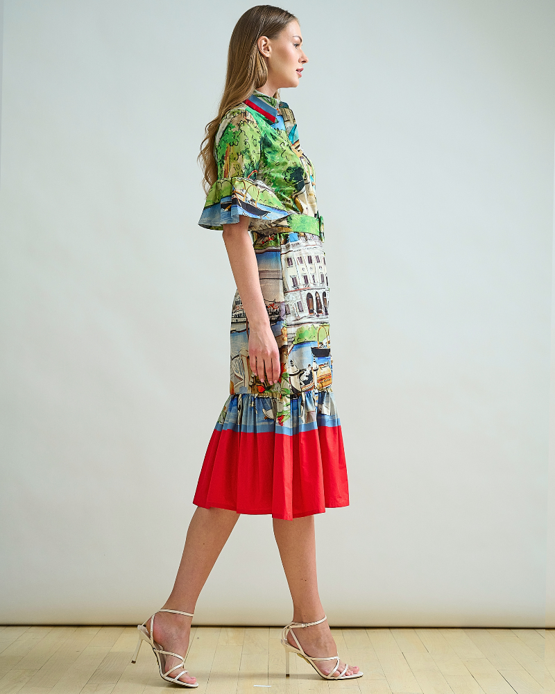 SHIRT DRESS, NO WAIST WITH RUFFLES: PRINTED COMO