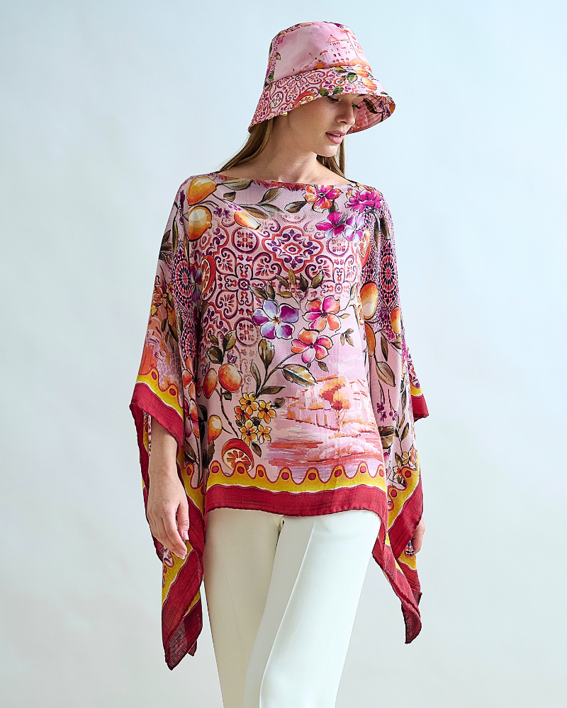 CASHMERE PRINTED PONCHO: CAPRI: PINK