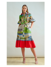 SHIRT DRESS, NO WAIST WITH RUFFLES: PRINTED COMO