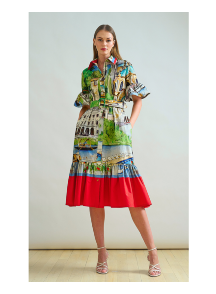 SHIRT DRESS, NO WAIST WITH RUFFLES: PRINTED LAKE COMO